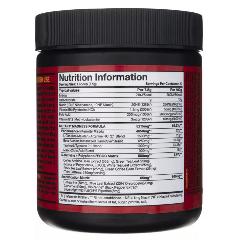 Mutant Madness Fruit Punch Flavour Pre-Workout Supplement 225g