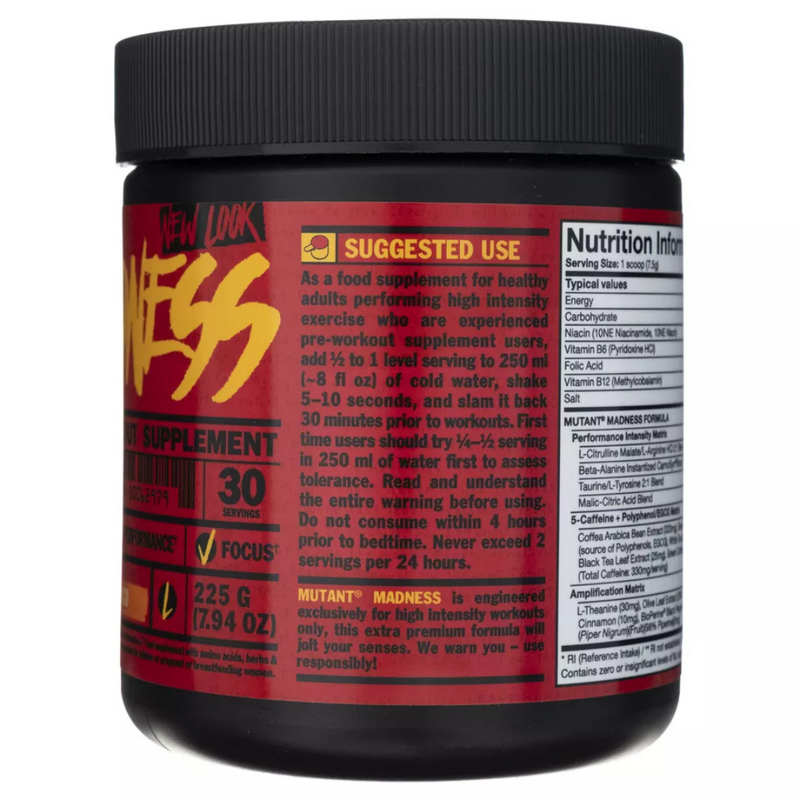 Mutant Madness Peach Mango Flavour Pre-Workout Supplement 225g
