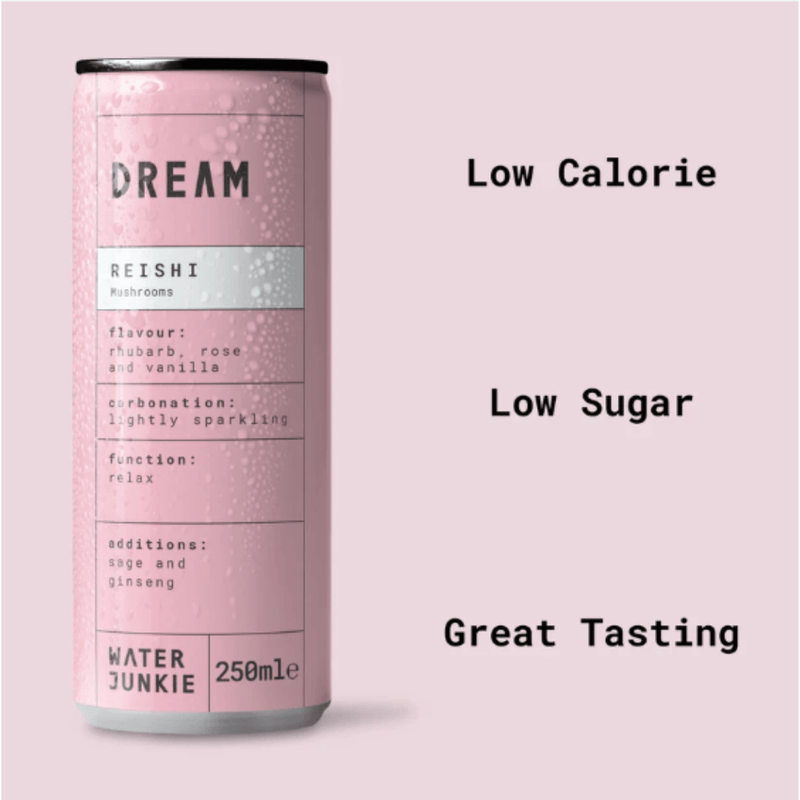 WaterJunkie Dream Rhubarb, Rose & Vanilla Sparkling Reishi Mushroom Drink 250ml Case of 12