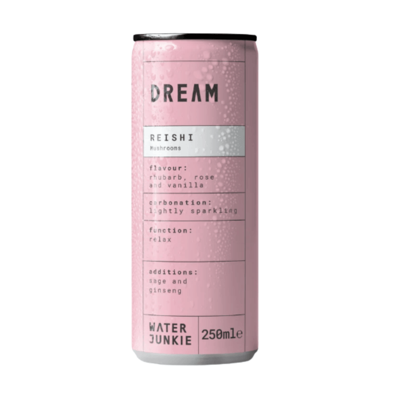 WaterJunkie Dream Rhubarb, Rose & Vanilla Sparkling Reishi Mushroom Drink 250ml Case of 12