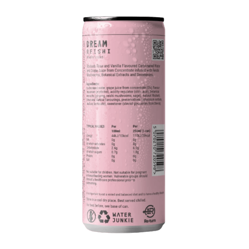 WaterJunkie Dream Rhubarb, Rose & Vanilla Sparkling Reishi Mushroom Drink 250ml Case of 12