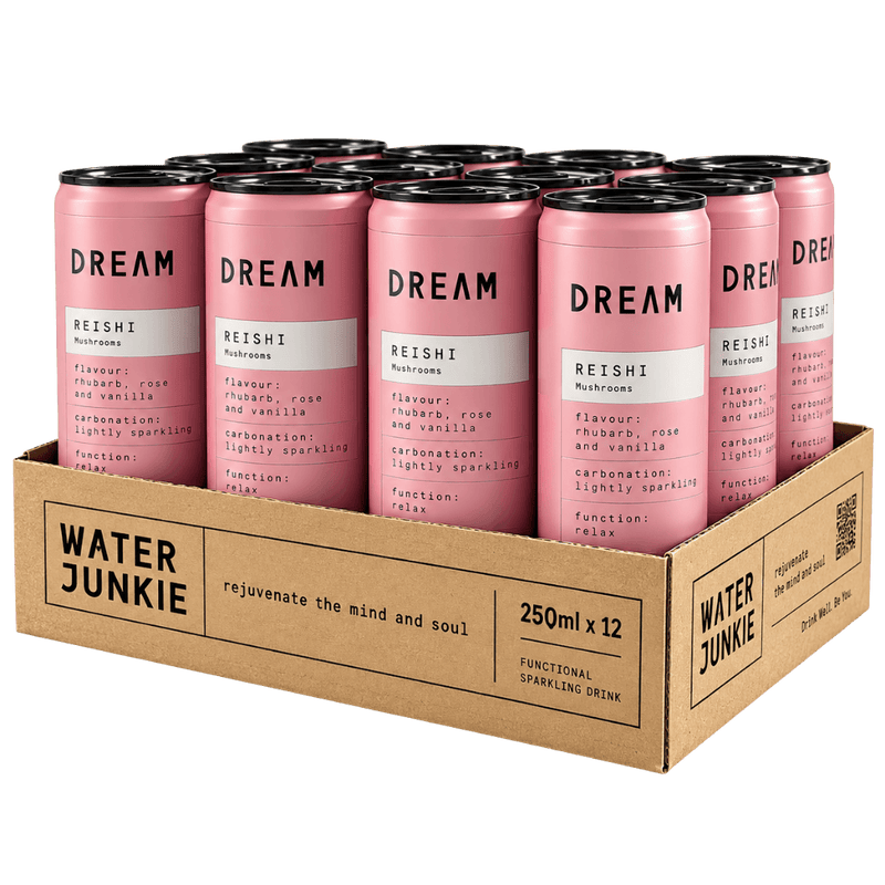 WaterJunkie Dream Rhubarb, Rose & Vanilla Sparkling Reishi Mushroom Drink 250ml Case of 12