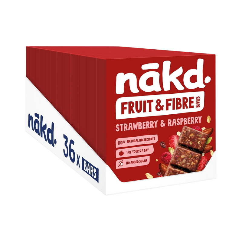 Nakd Fruit & Fibre Strawberry & Raspberry Flavour bars 44g - Case of 36 bars (12 x 3 x 44g)