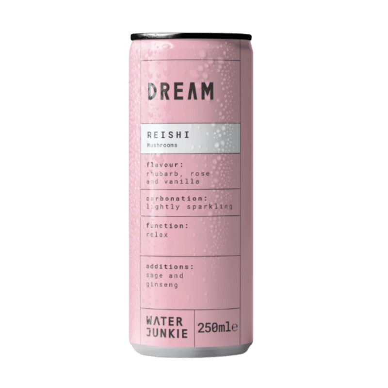 WaterJunkie Dream Rhubarb, Rose & Vanilla Sparkling Reishi Mushroom Drink  250ml Case of 12