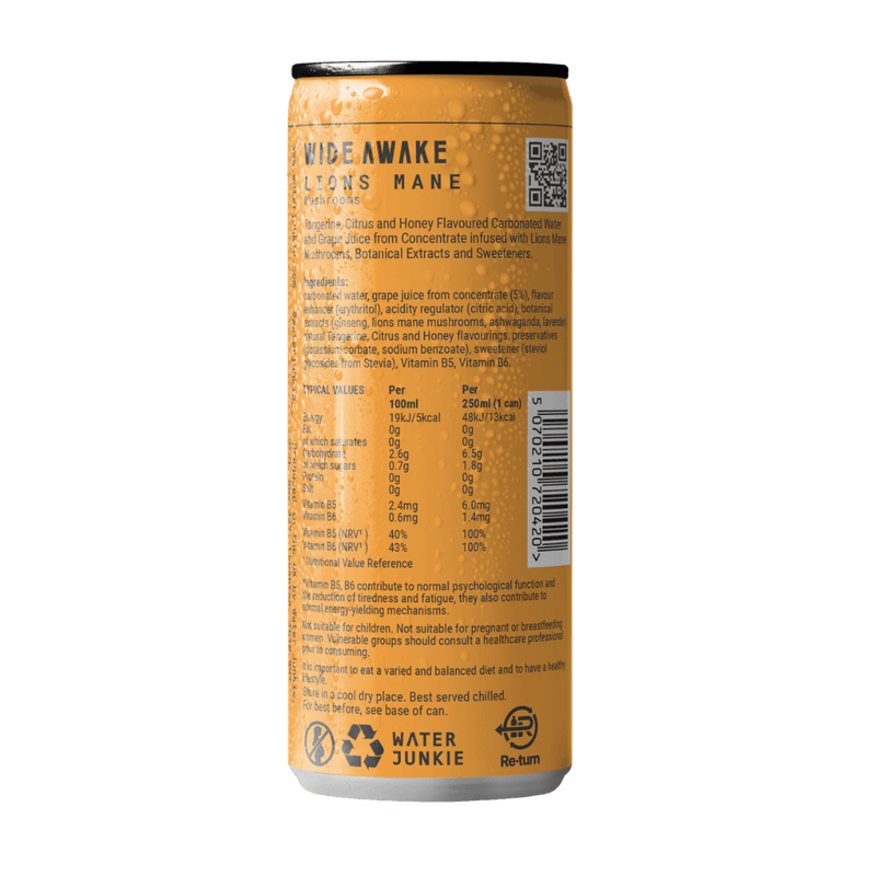 WaterJunkie Tangerine & Citrus Sparkling Lions Mane Mushroom Drink 250ml Case of 12